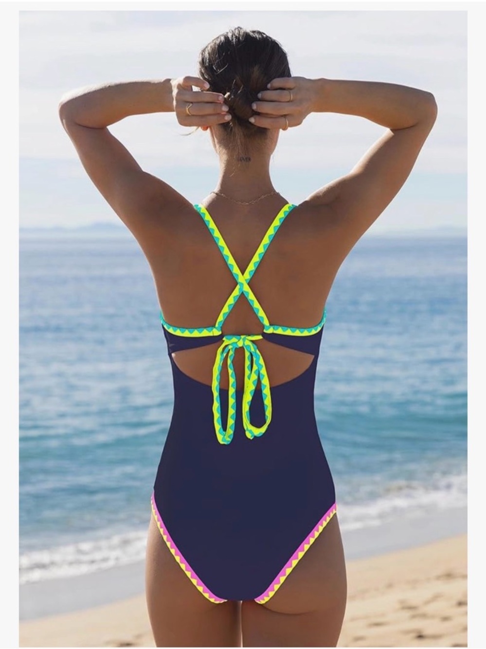NWT 🆕 Women’s one-piece bathing suit POPVIL navy neon Deep v-neck Size Small - Picture 8 of 10